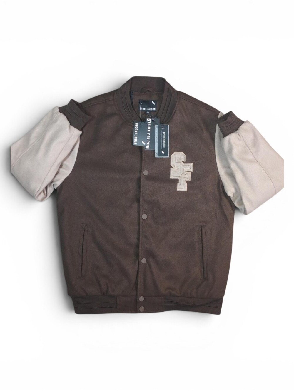 Men's Brown & Beige Varsity Bomber Jacket - SFT Patch